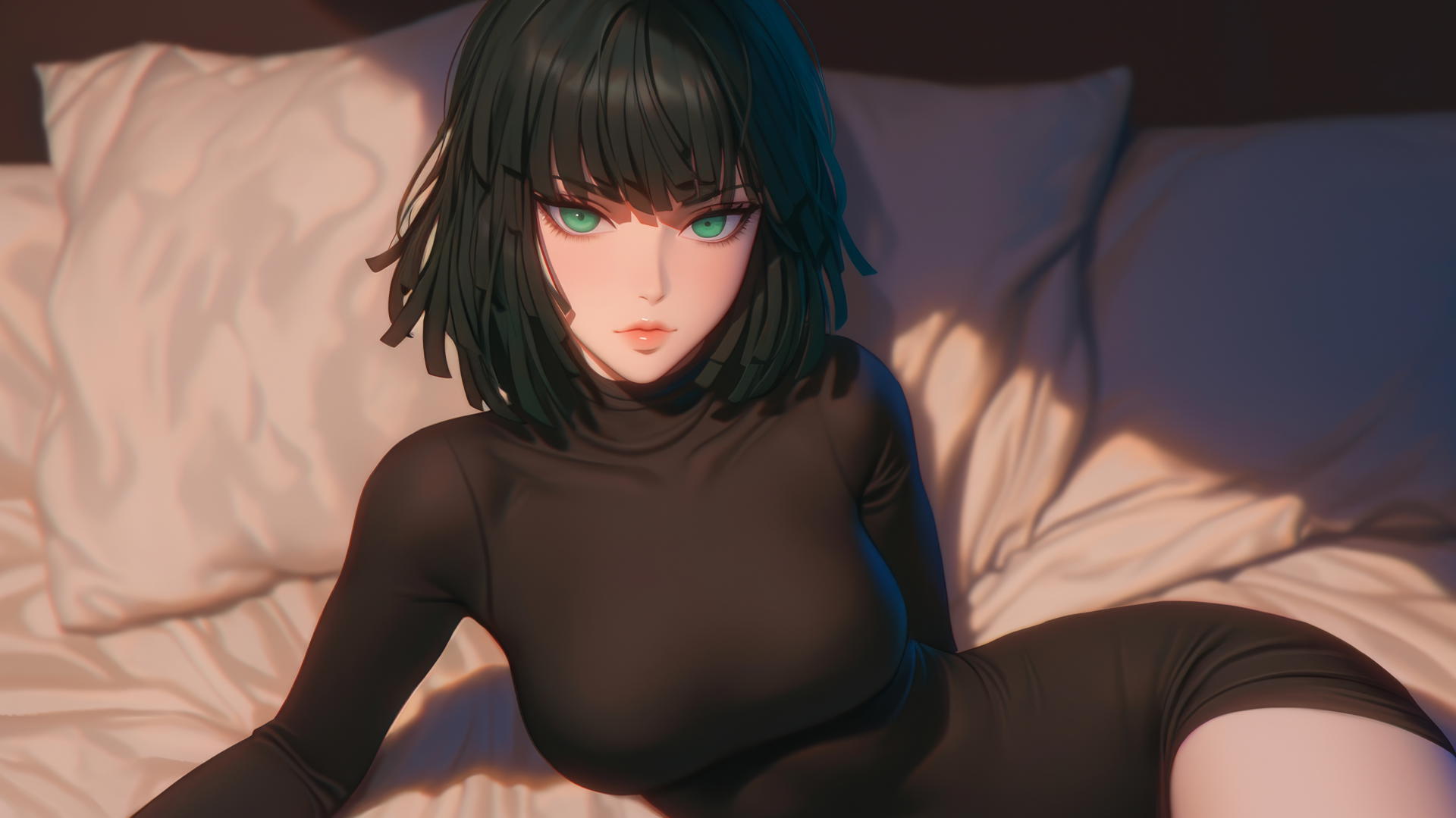 Fubuki from One Punch Man kneeling, looking up, neon-lit modern hotel room, dark green bob hair, light green eyes