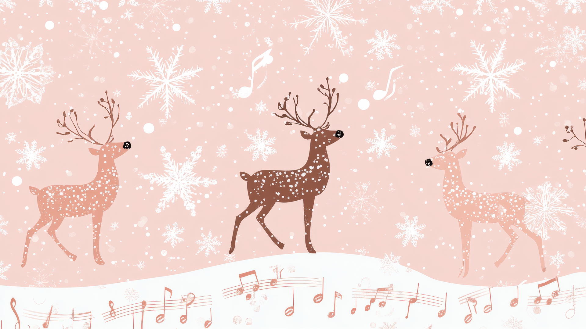 aesthetic preppy Christmas wallpaper with musical notes, snowflakes, reindeer, and festive melodies on a pastel pink background