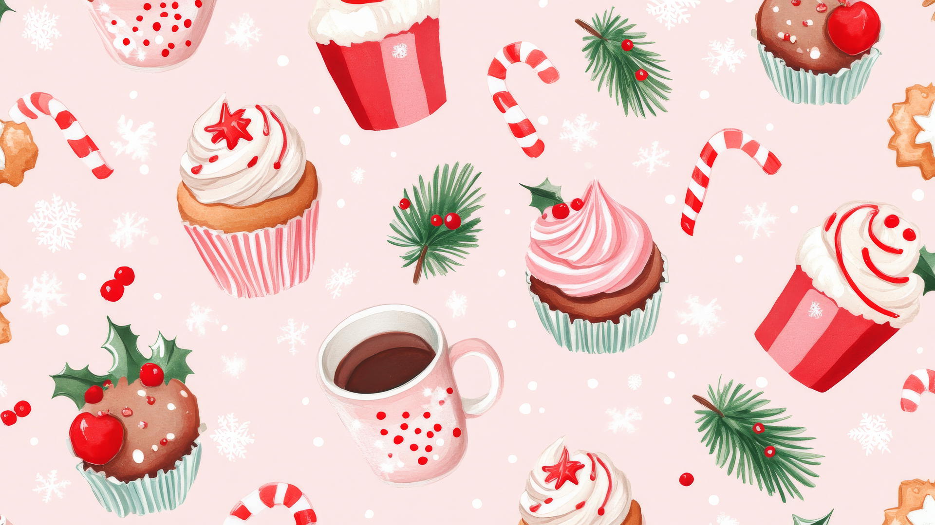 cute preppy Christmas wallpaper with cupcakes, cookies, and hot cocoa mugs on pastel pink
