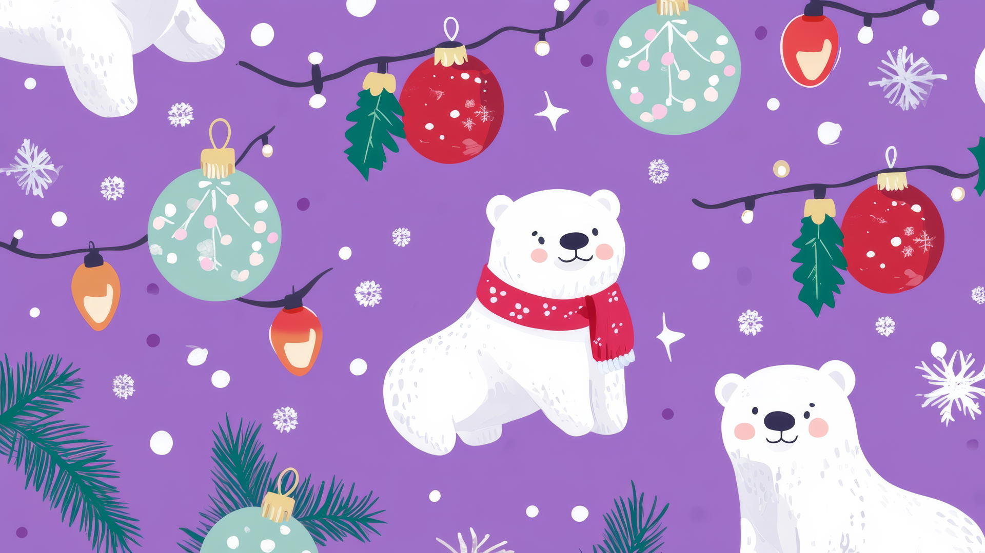 cute Christmas wallpaper preppy with polar bears, ornaments, and twinkling lights