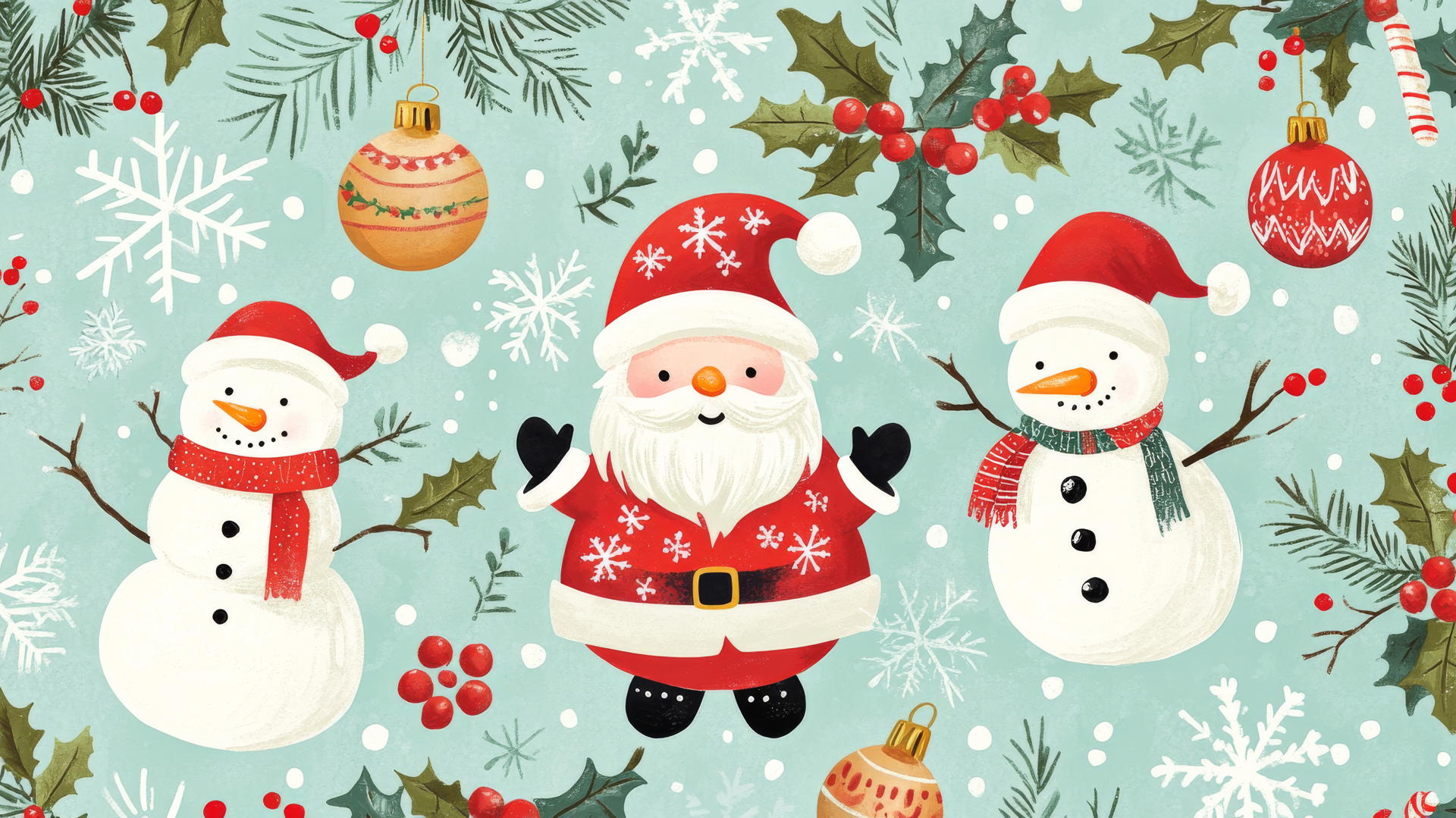 cute Christmas wallpaper preppy with adorable Santas, snowmen, and holly berries