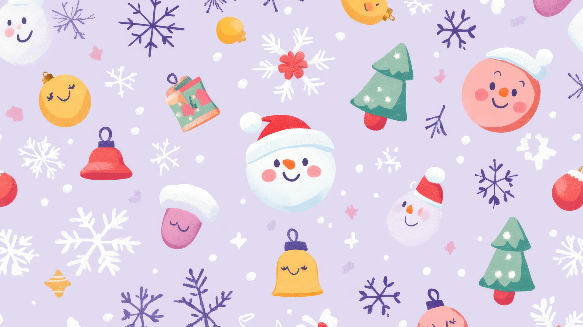 Cute Christmas wallpaper preppy with smiling snowflakes, Christmas bells, and colorful baubles on pastel lavender background.