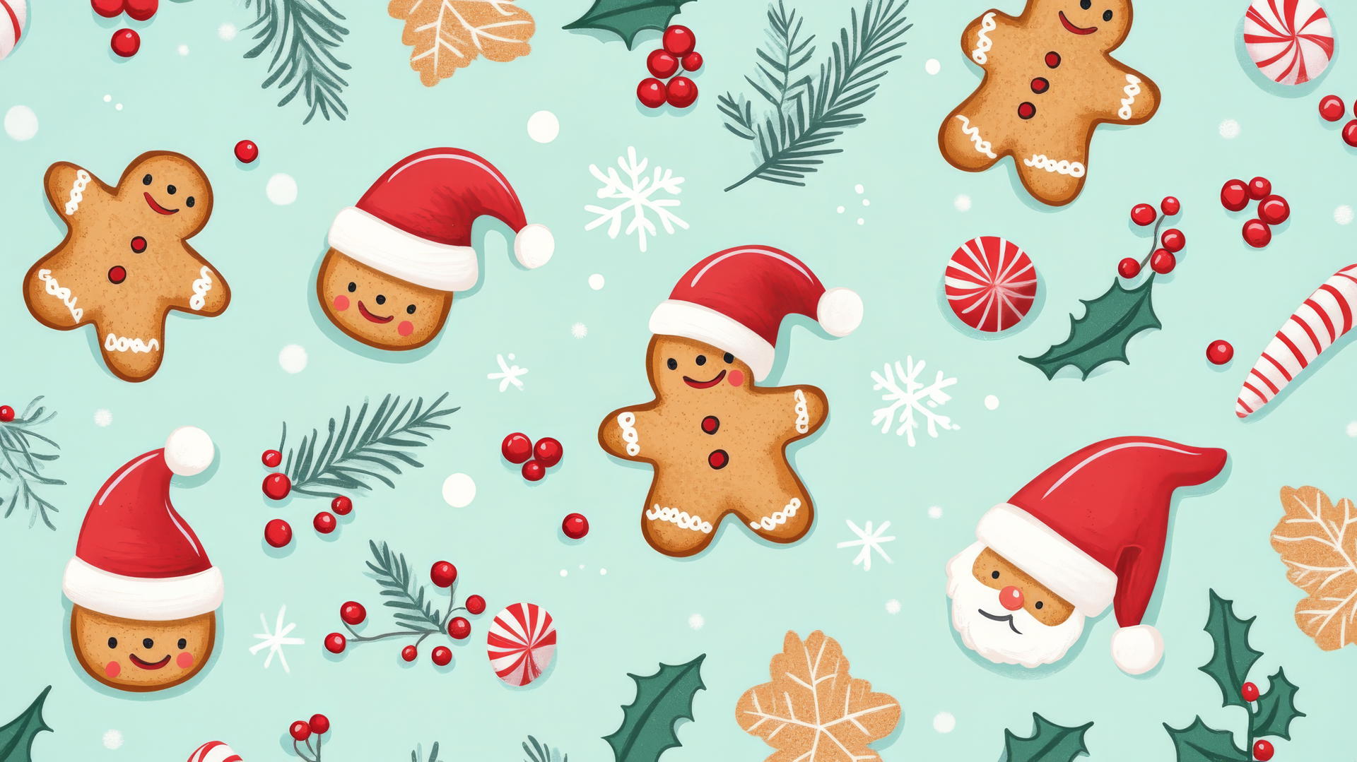 cute Christmas wallpaper preppy with gingerbread cookies, Santa hats, and holly berries on a pastel mint green background