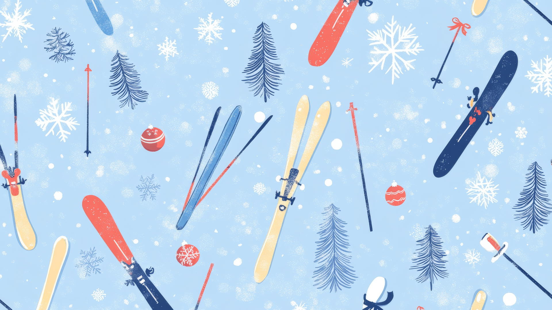 christmas wallpaper preppy with skiing equipment, pastel blue background, snowflakes, and pine trees