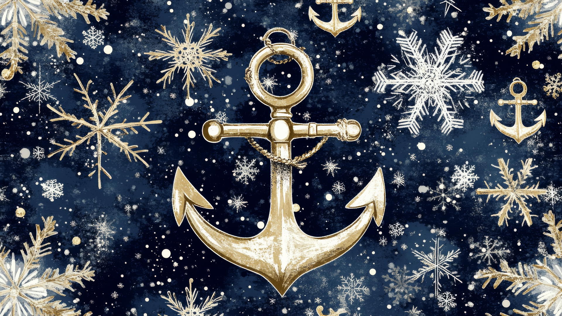 Christmas wallpaper preppy with anchors and snowflakes in navy blue, white, and gold.