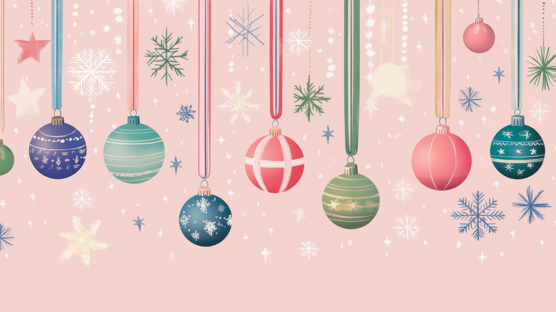 preppy Christmas wallpaper with colorful ornaments on pastel ribbons, snowflakes, and stars on soft pink background