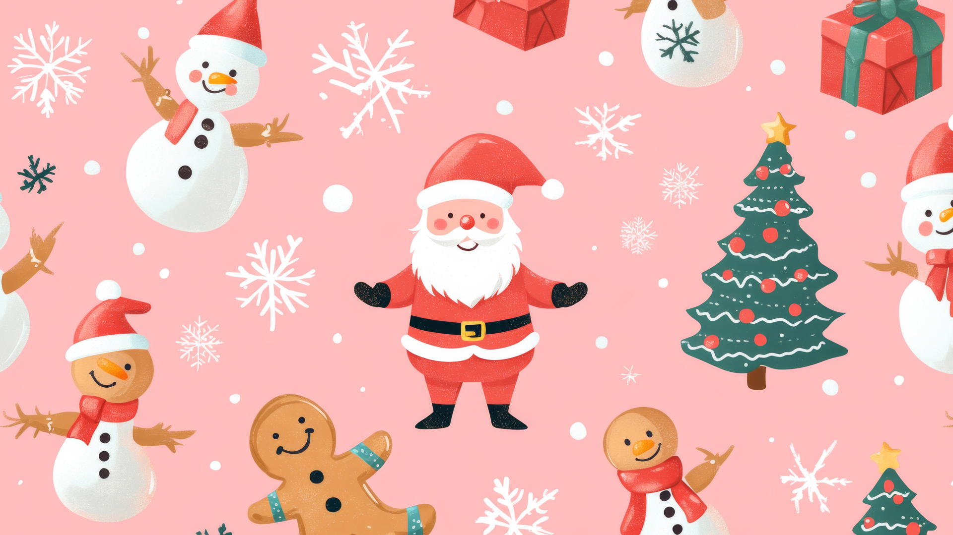 Christmas-themed pattern with Santa, gingerbread cookies, snowmen, and Christmas trees on pastel pink preppy wallpaper