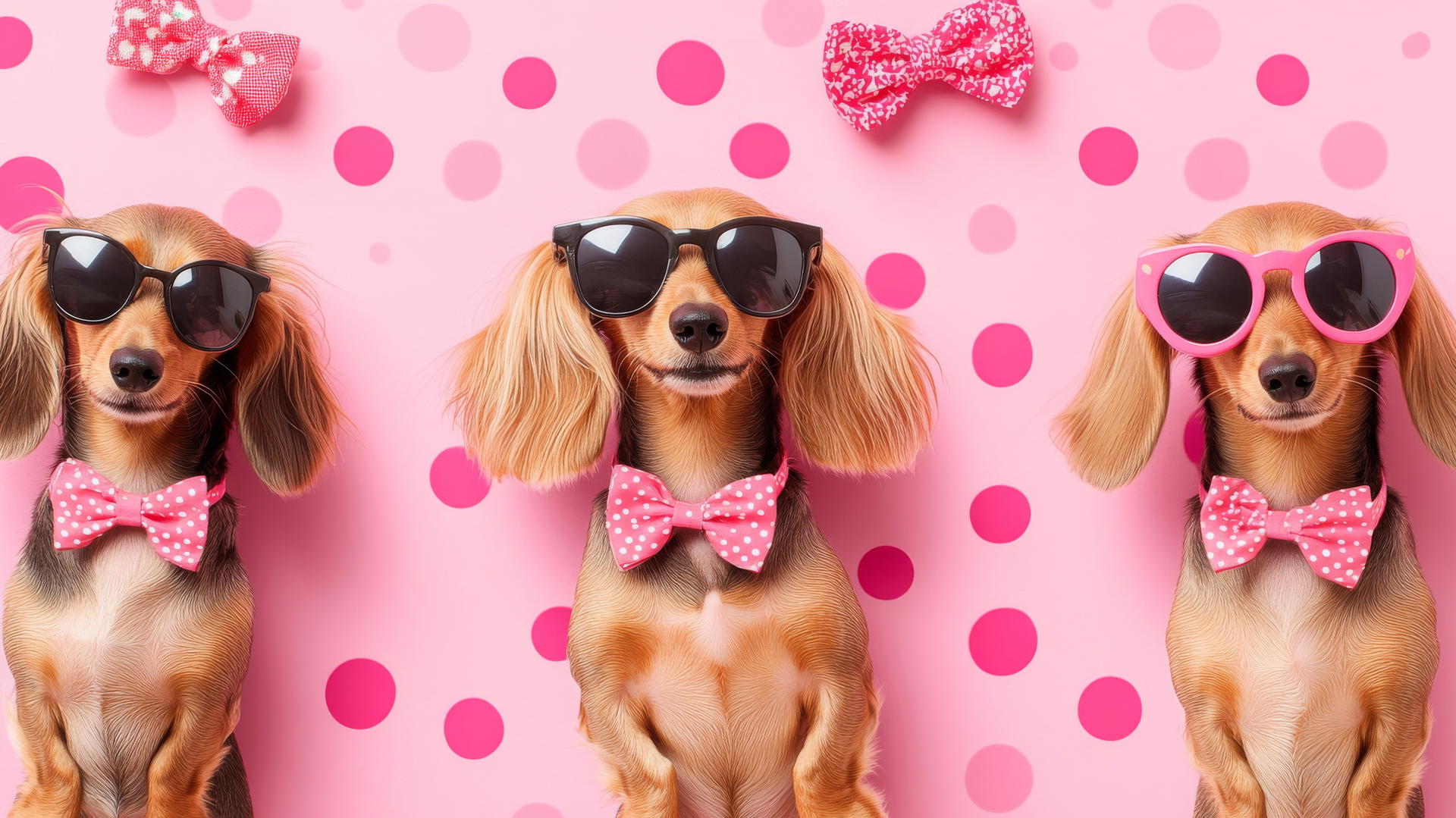 preppy pink wallpaper with playful pink dachshunds in bow ties and sunglasses on a polka-dotted background
