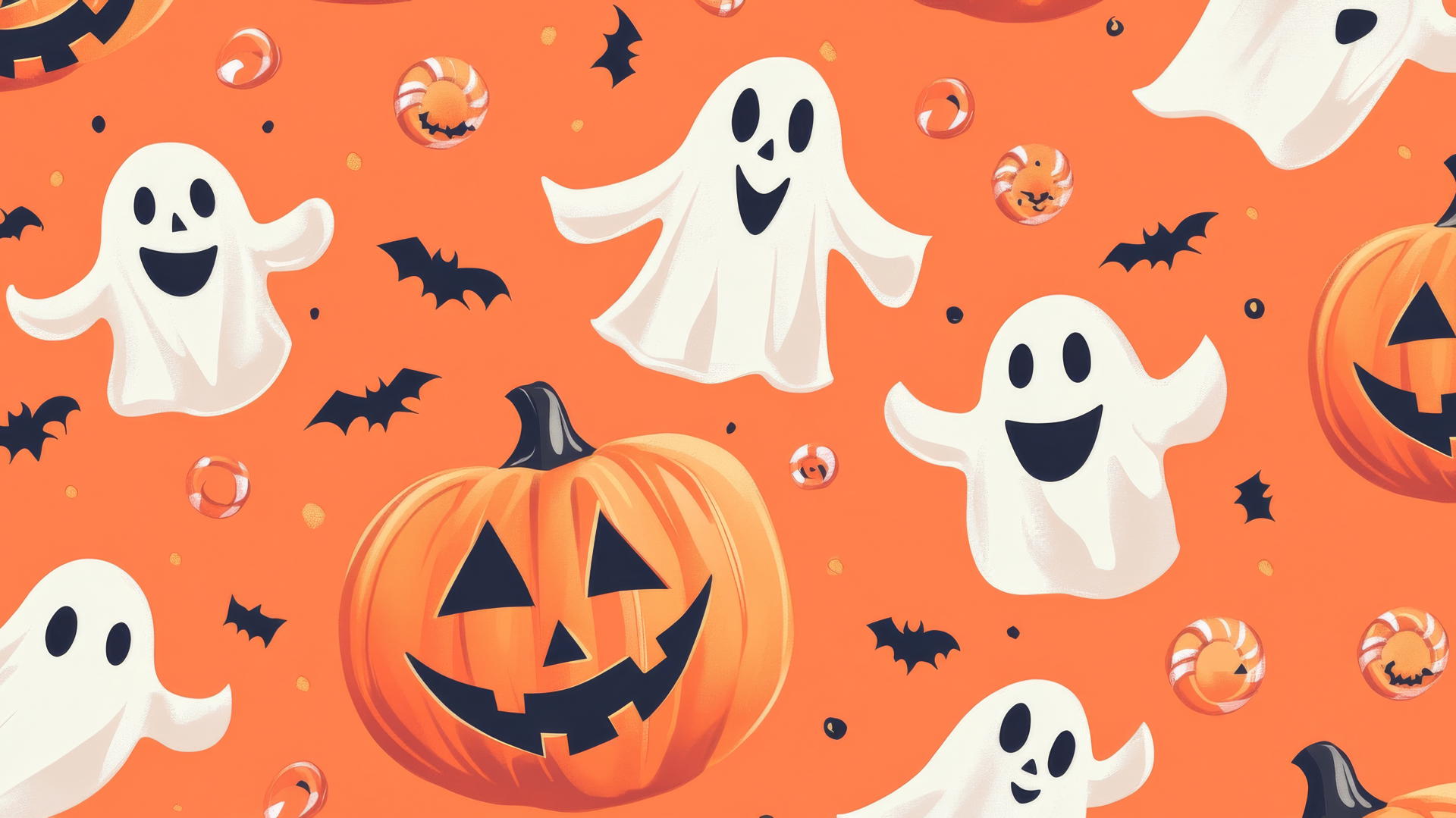 Halloween wallpaper preppy with jack-o'-lanterns, ghosts, and candy on pastel orange