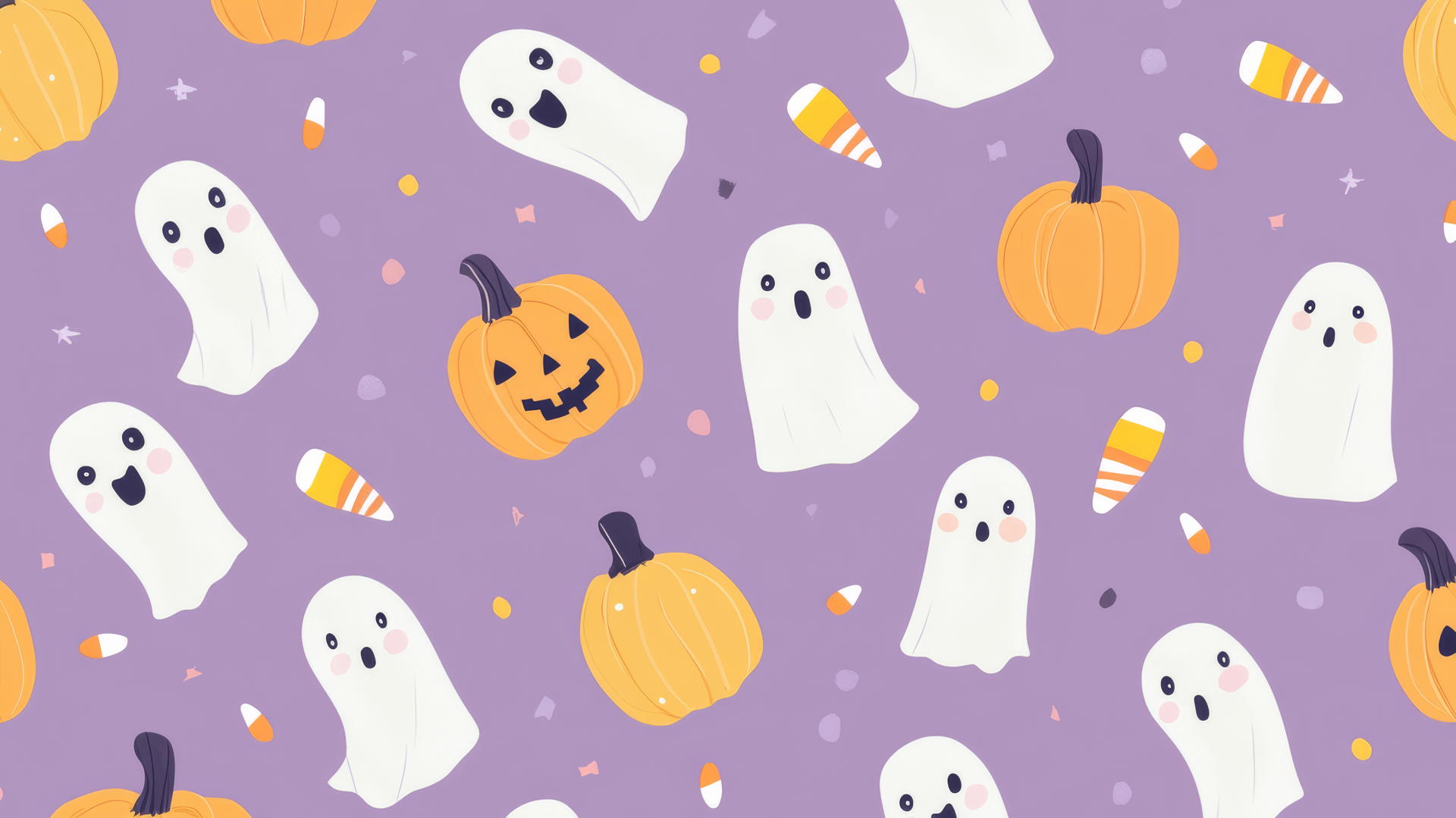 Preppy wallpaper Halloween with ghosts, pumpkins, and candy corn