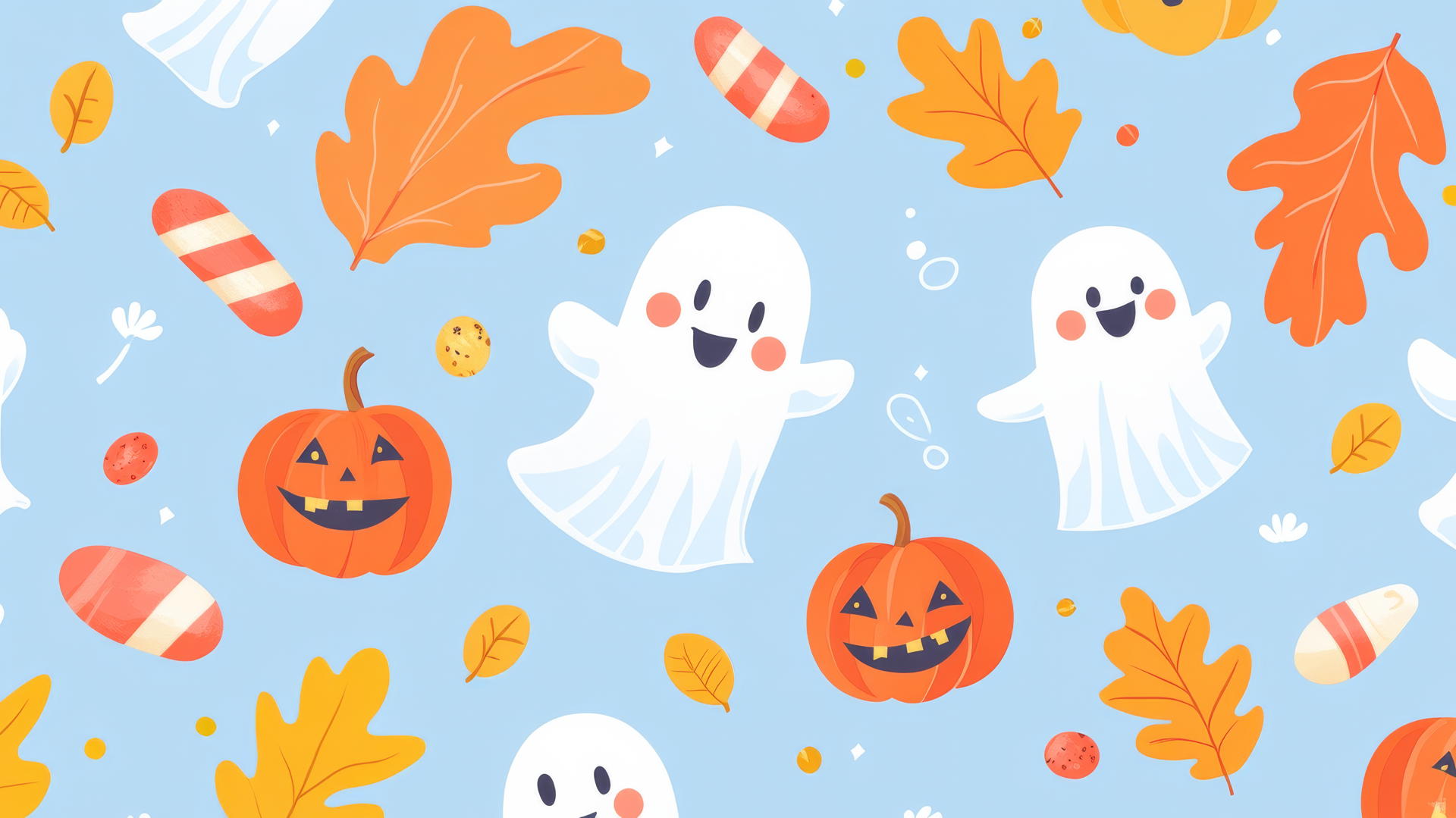 preppy Halloween wallpaper with cute ghosts, candy, and autumn leaves on pastel blue