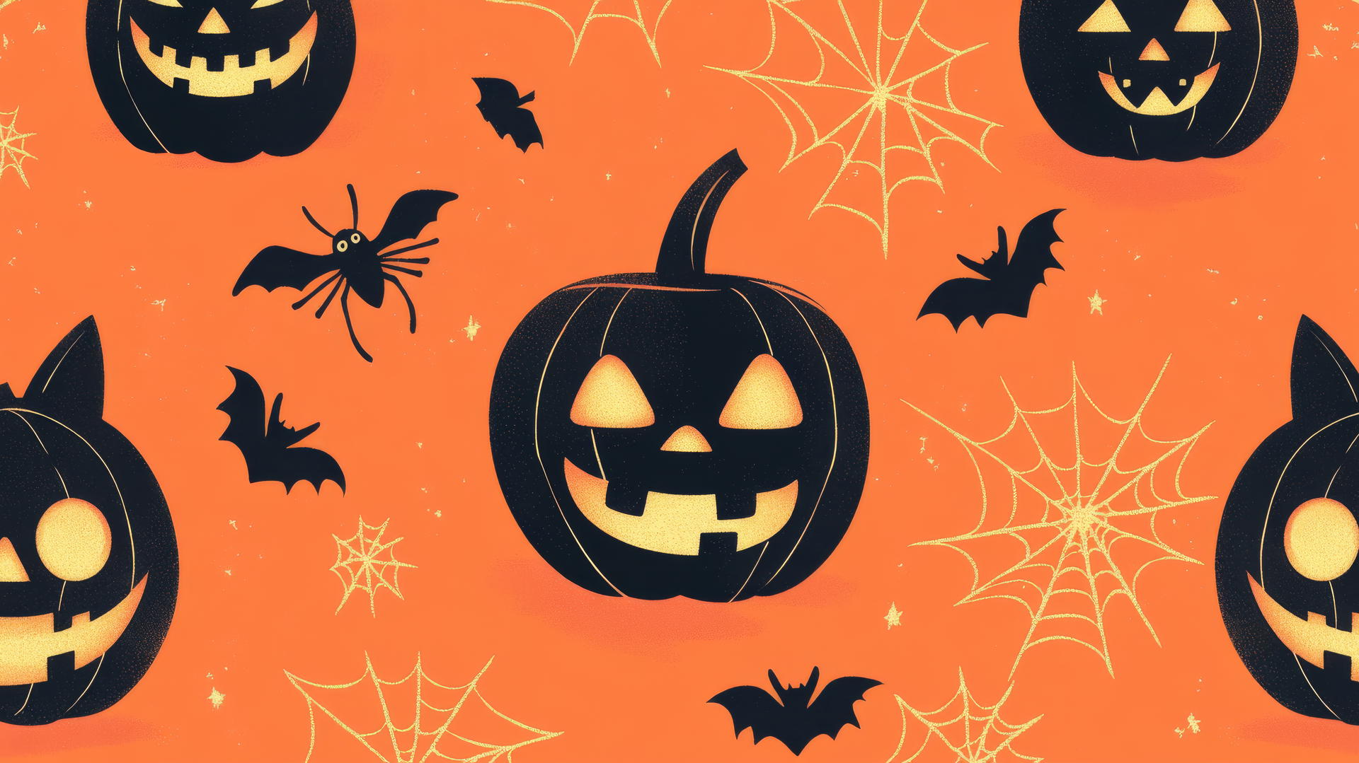 preppy Halloween wallpaper with jack-o'-lanterns, black cats, spiderwebs on pastel orange