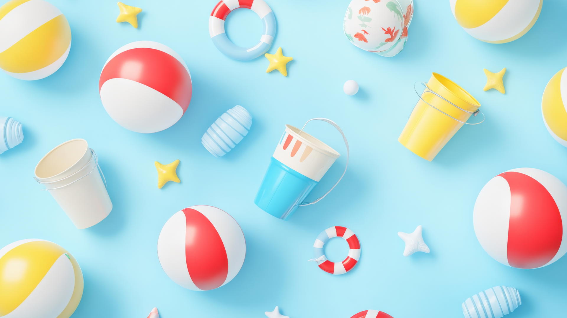 preppy summer wallpaper with cartoon-style beach balls, lifebuoys, and sand buckets
