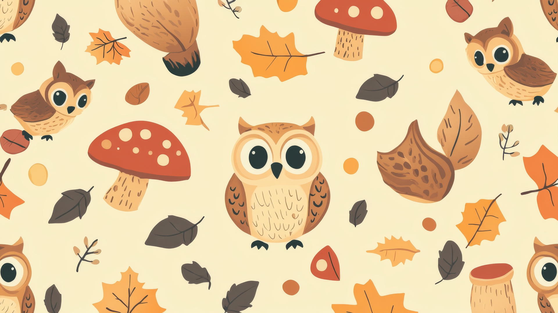 preppy autumn wallpaper with cute cartoon owls and squirrels, autumn leaves, and mushrooms on pastel yellow