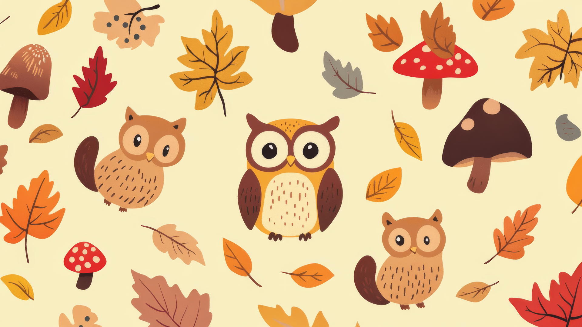 preppy autumn wallpaper with cute cartoon owls and squirrels, autumn leaves, and mushrooms