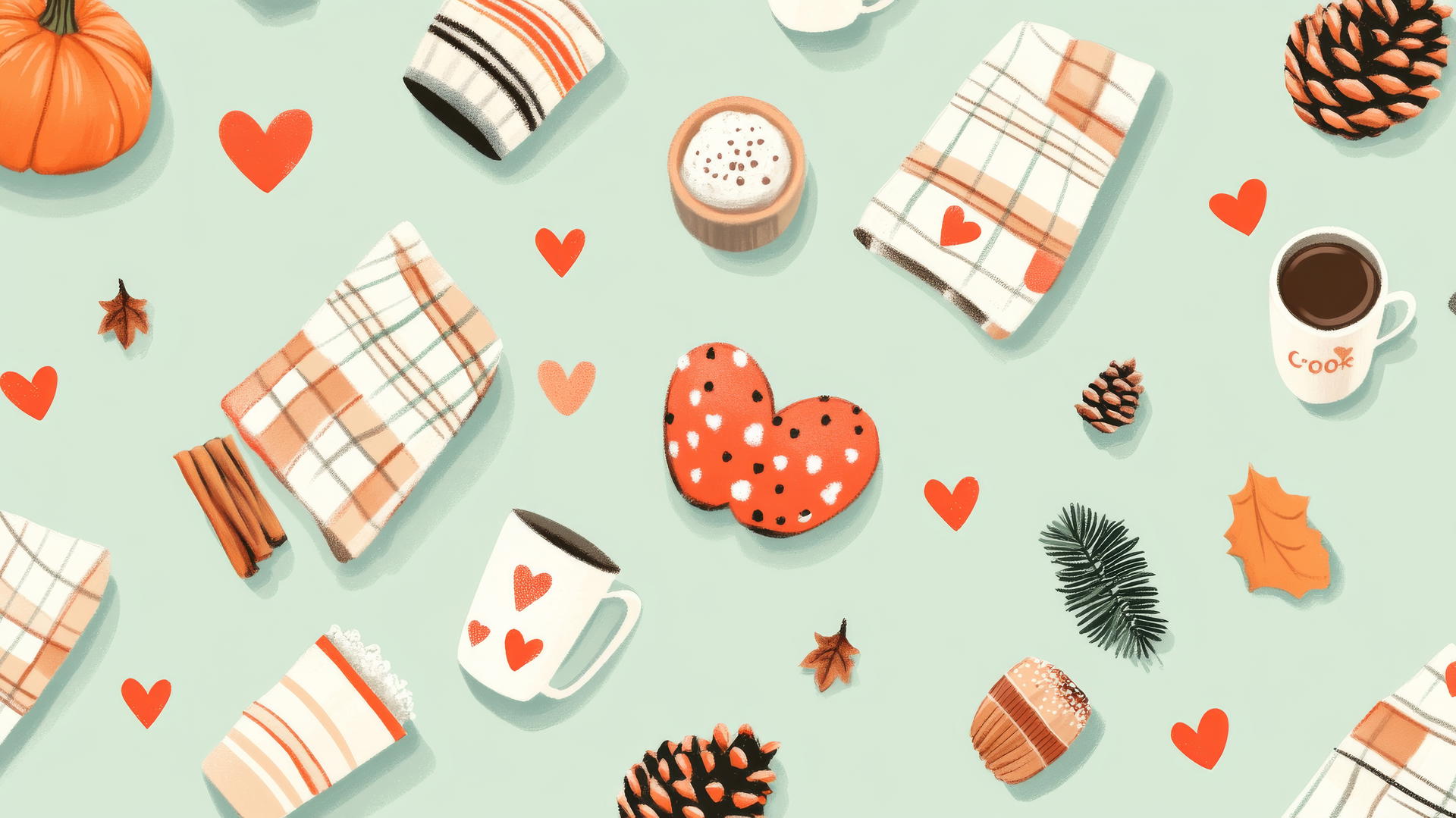 preppy fall wallpaper with pinecones, plaid blankets, hot cocoa mugs, and hearts on pastel green