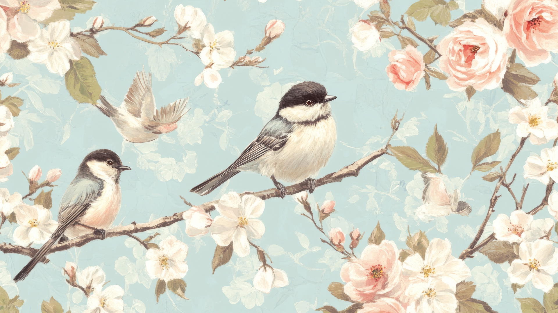 Preppy spring wallpaper with songbirds on branches and cherry blossoms, roses