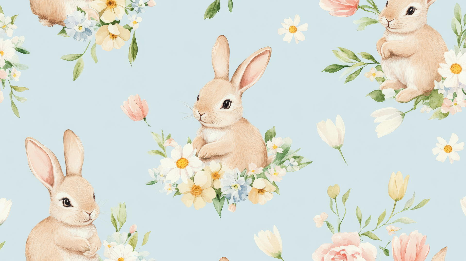 preppy easter wallpaper with bunnies holding flower garlands on pastel blue