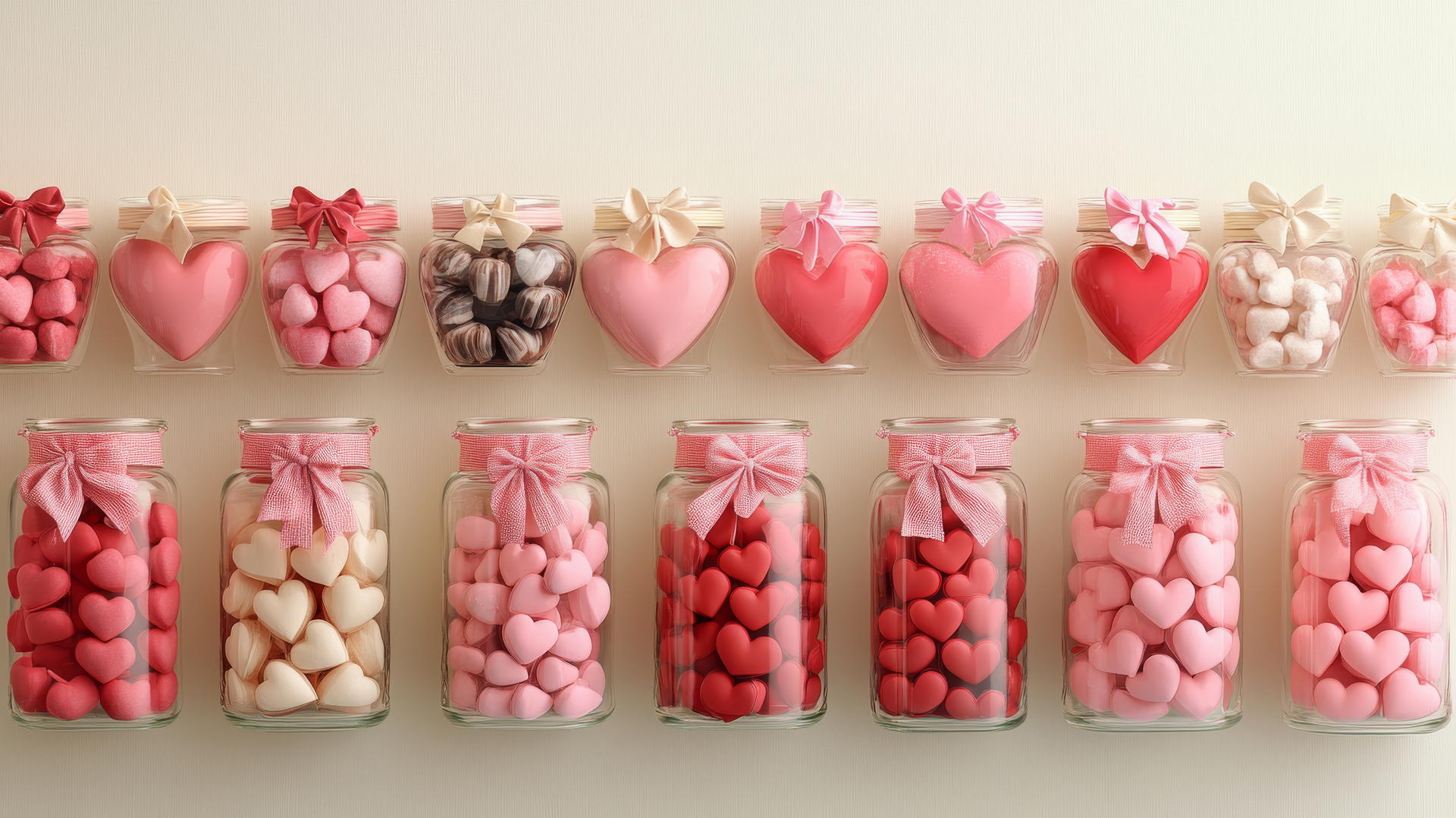 Preppy valentines wallpaper with jars of pink and red heart-shaped candies
