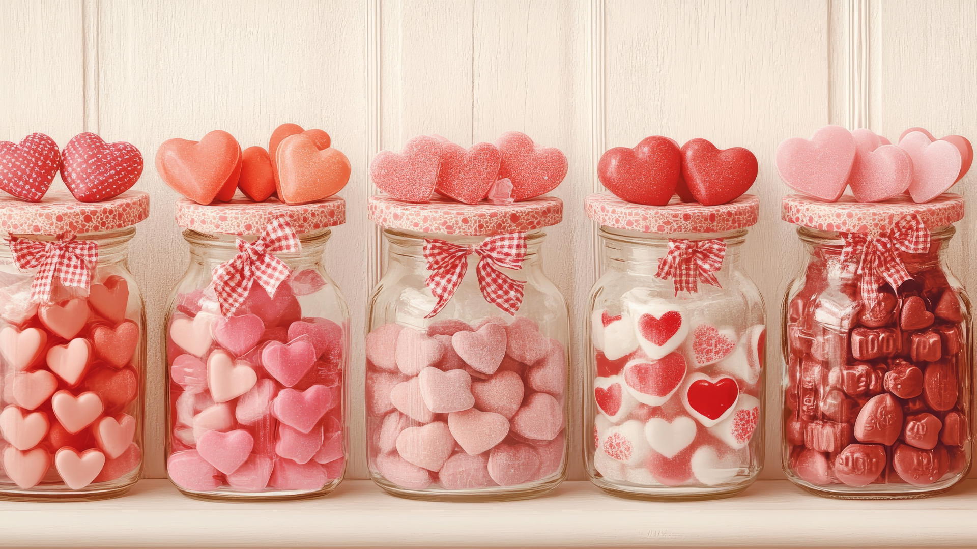 Preppy Valentines wallpaper with jars of pink and red heart-shaped candies on pastel cream background
