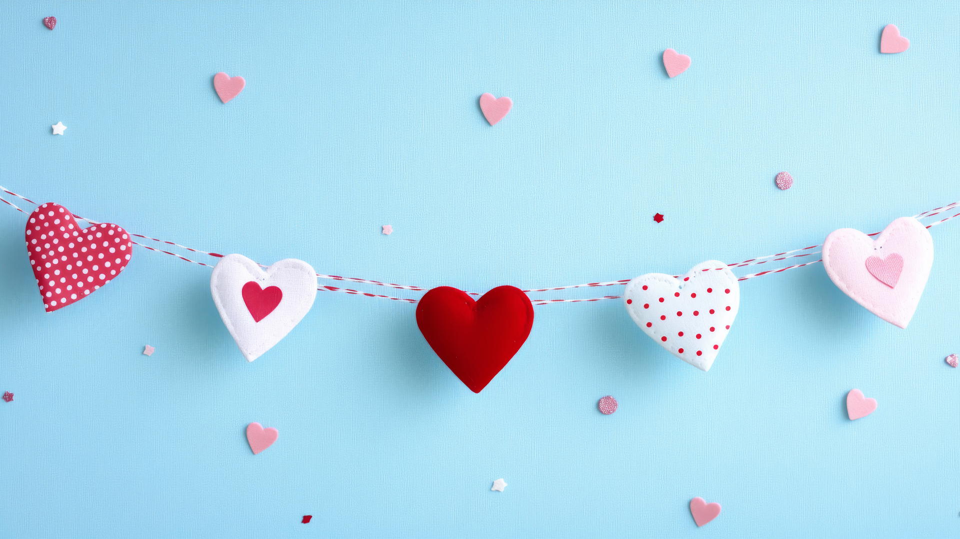 preppy valentines wallpaper with heart-shaped bunting and pastel blue background