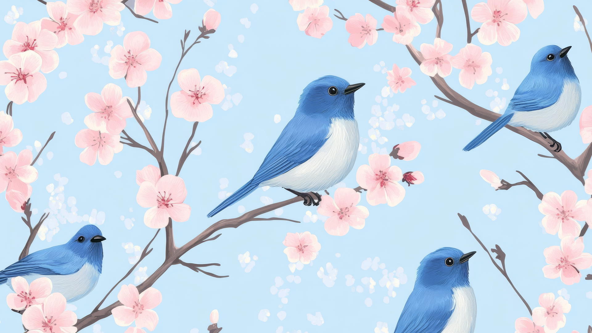 preppy blue wallpaper with cartoon bluebirds on branches and pink blossoms