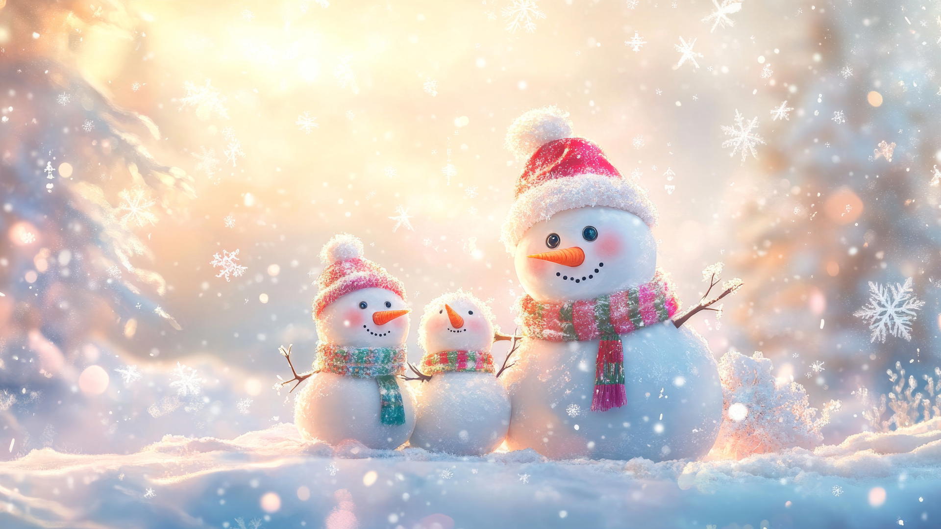Cute wallpapers for Christmas with a snowman family, button eyes, colorful scarves, and falling snowflakes