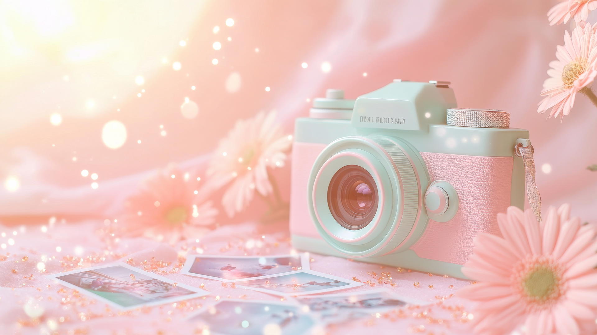 cute aesthetic wallpapers with vintage camera, polaroid photos, flowers, and sparkles