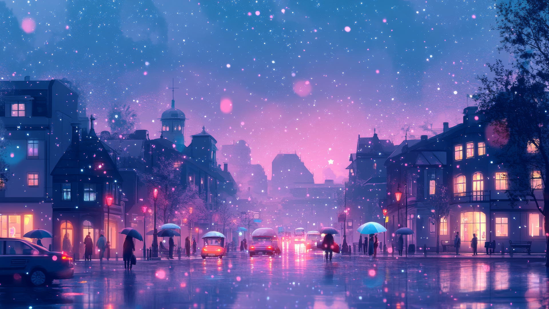 cute aesthetic wallpapers with pastel cityscape at dusk, glowing windows, tiny cars, and people with umbrellas