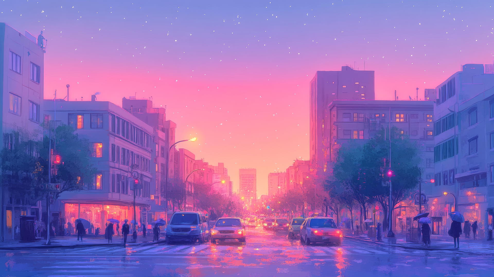 cute aesthetic wallpapers with a pastel cityscape at dusk, glowing windows, tiny cars, and people with umbrellas