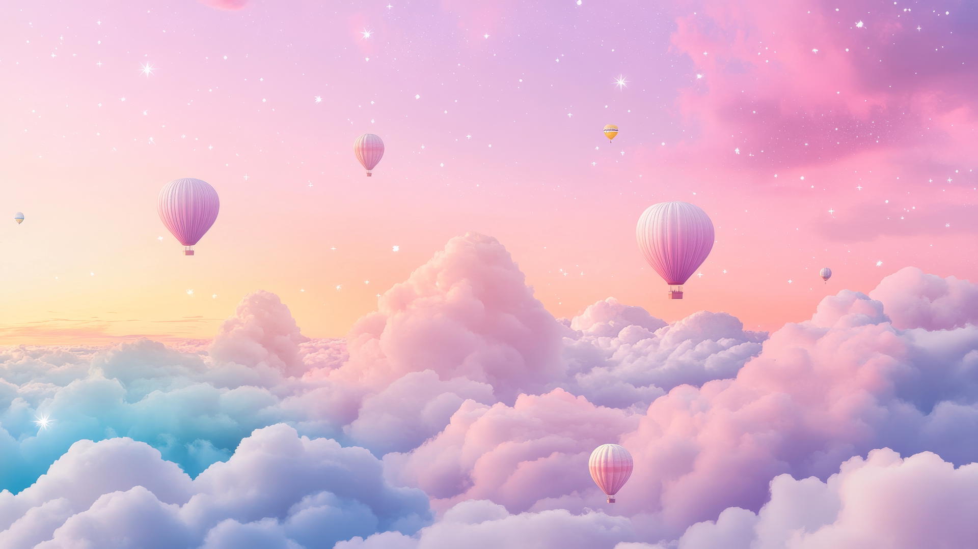 cute aesthetic wallpapers with fluffy clouds, tiny hot air balloons, stars