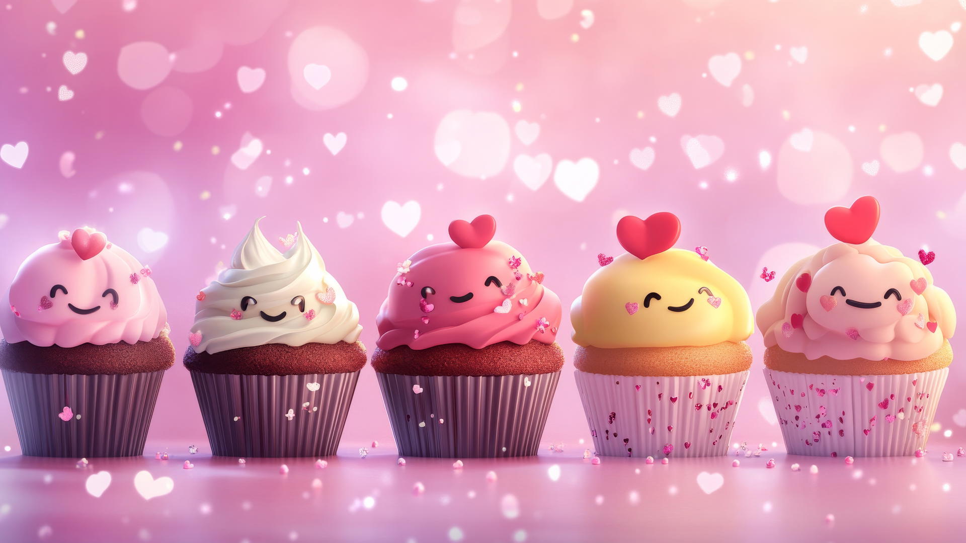 Group of cute cartoon cupcakes with smiling faces on pastel background with hearts and sparkles, cute wallpapers for girls