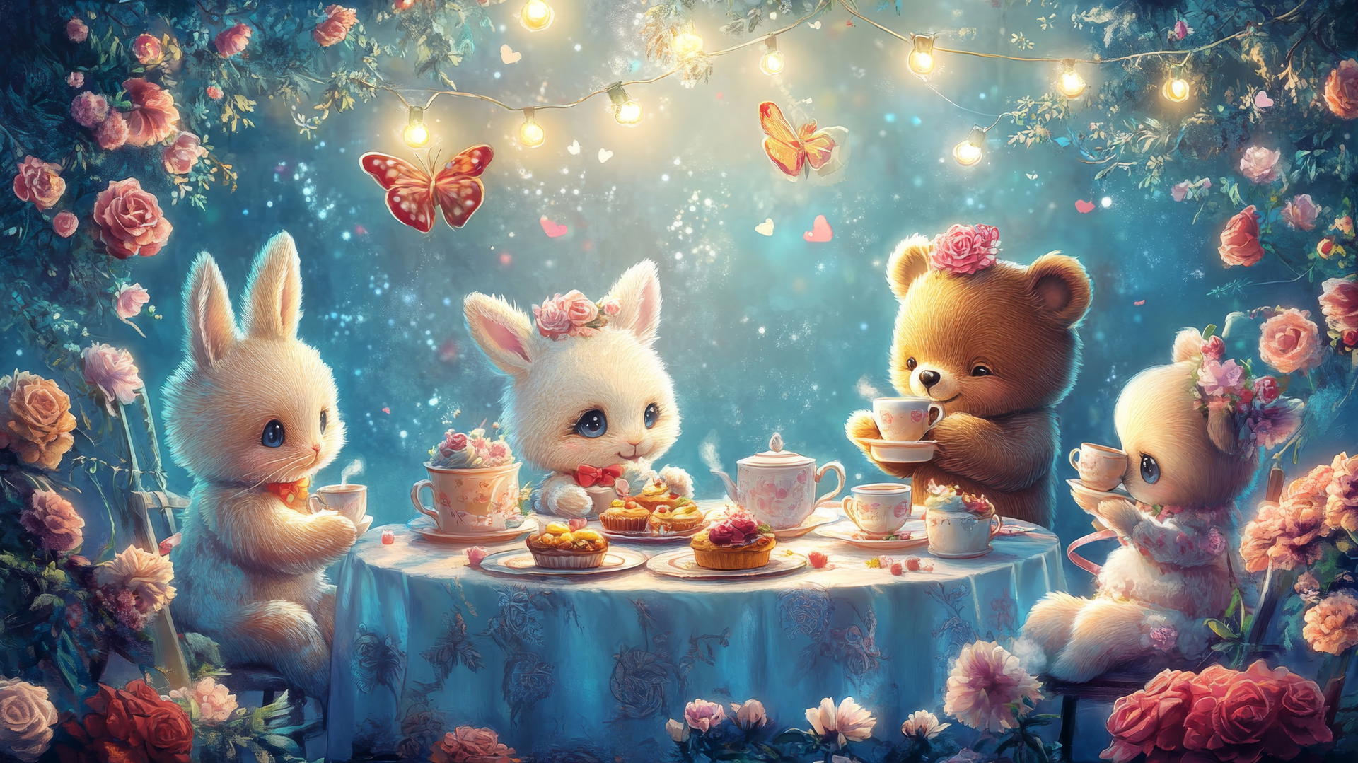 cute wallpapers for girls featuring whimsical tea party with bunnies and bears