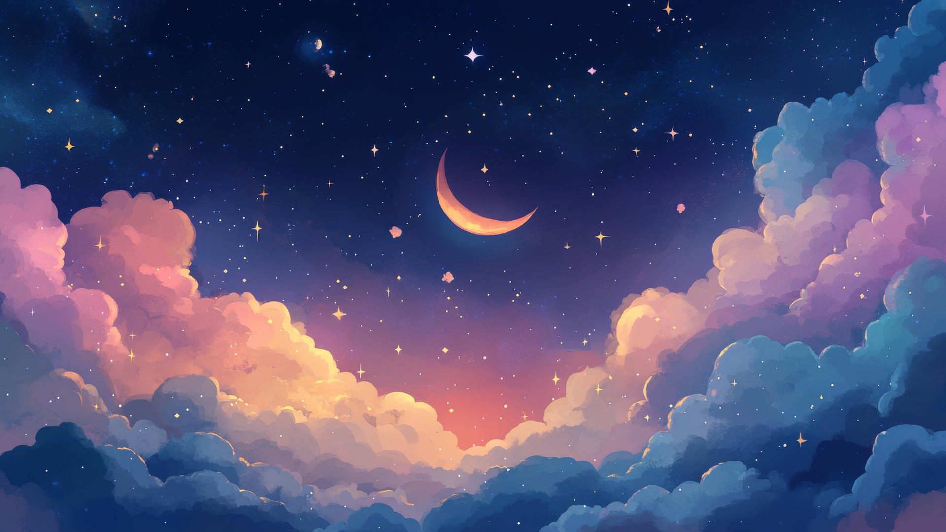 cute wallpapers with a night sky, twinkling stars, crescent moon, and sleeping clouds