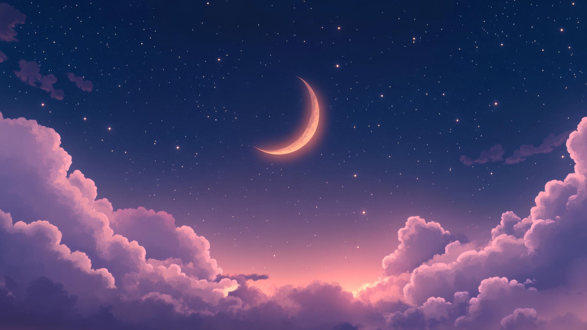 cute wallpapers: night sky with twinkling stars, crescent moon, and dreamy clouds