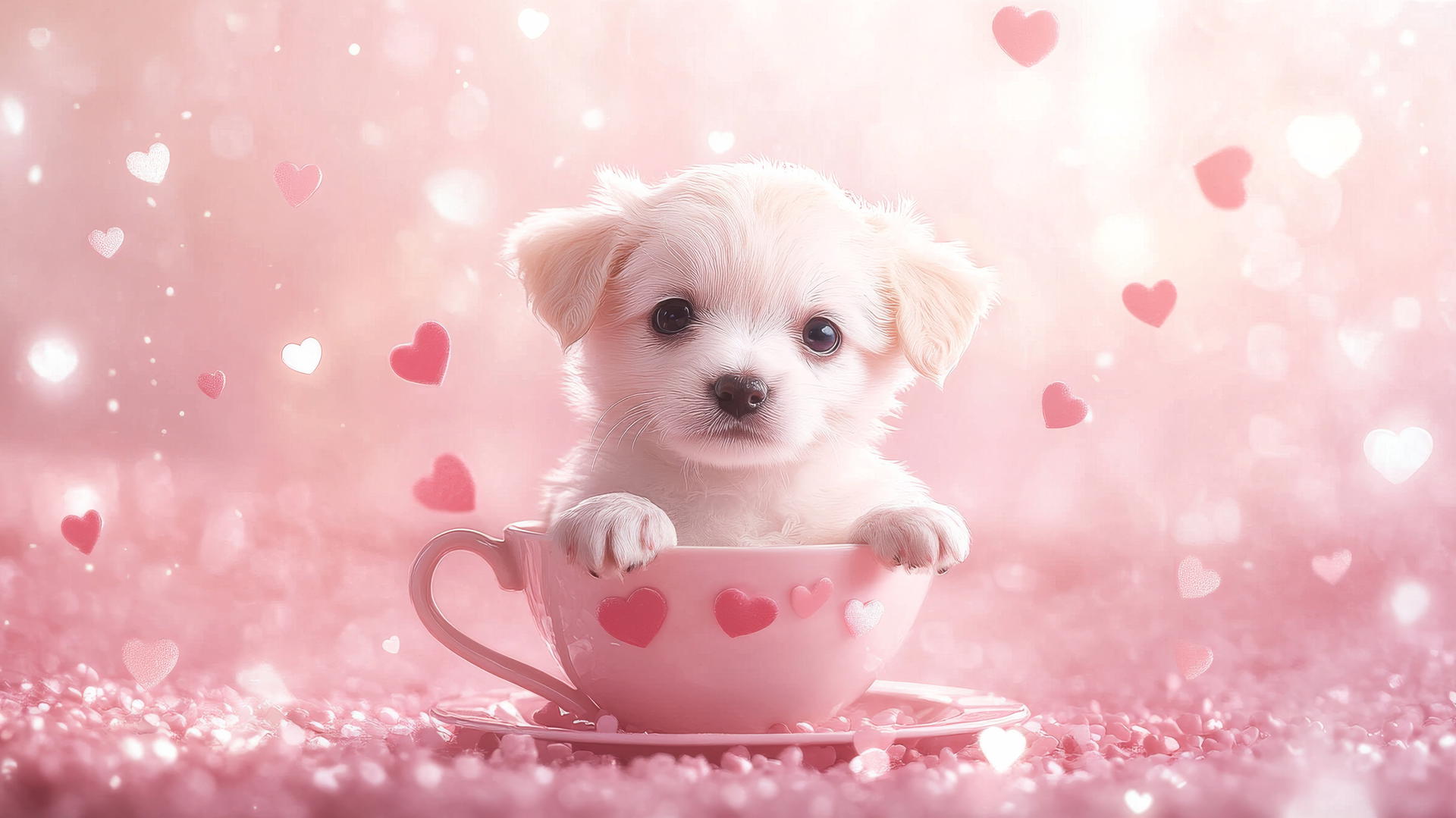 pink cute puppy wallpaper with pastel pink background, puppy in teacup, hearts