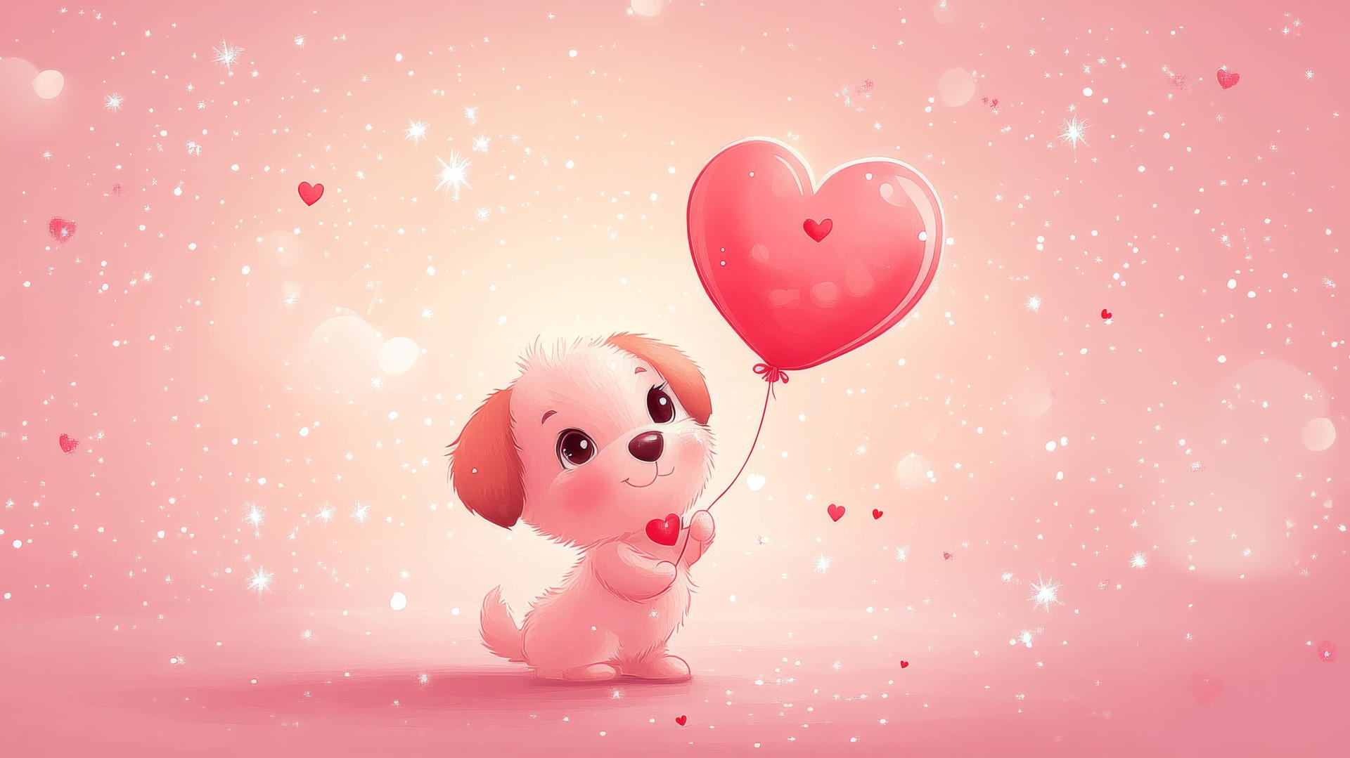 pink cute puppy wallpaper with a cartoon puppy holding a heart-shaped balloon