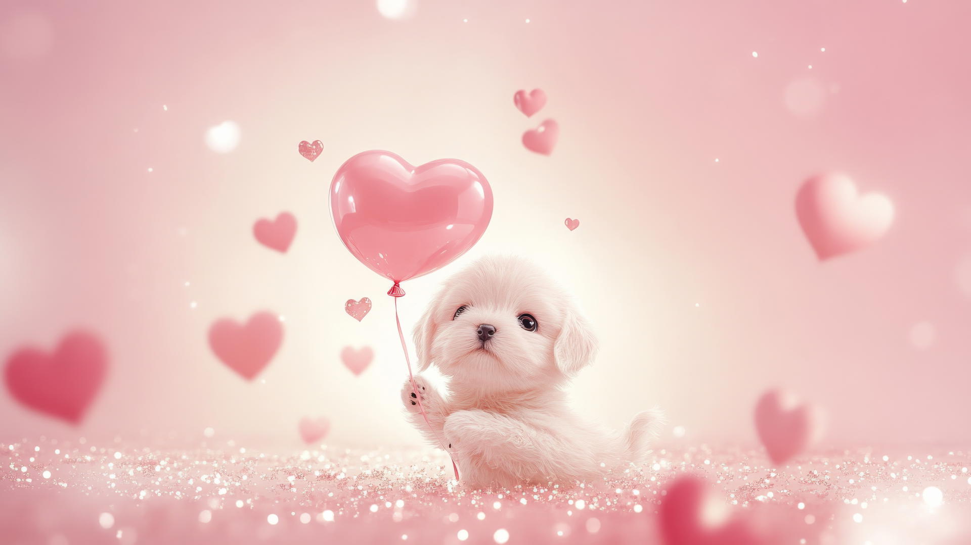 pastel pink wallpaper with a cute cartoon puppy holding a heart balloon, sparkles and tiny hearts