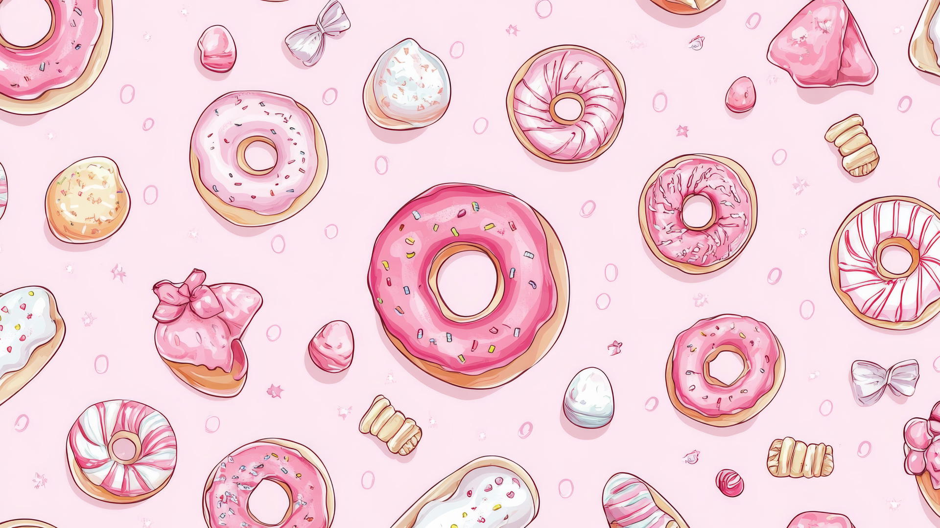 cute pink wallpaper with hand-drawn sweets like donuts and candy