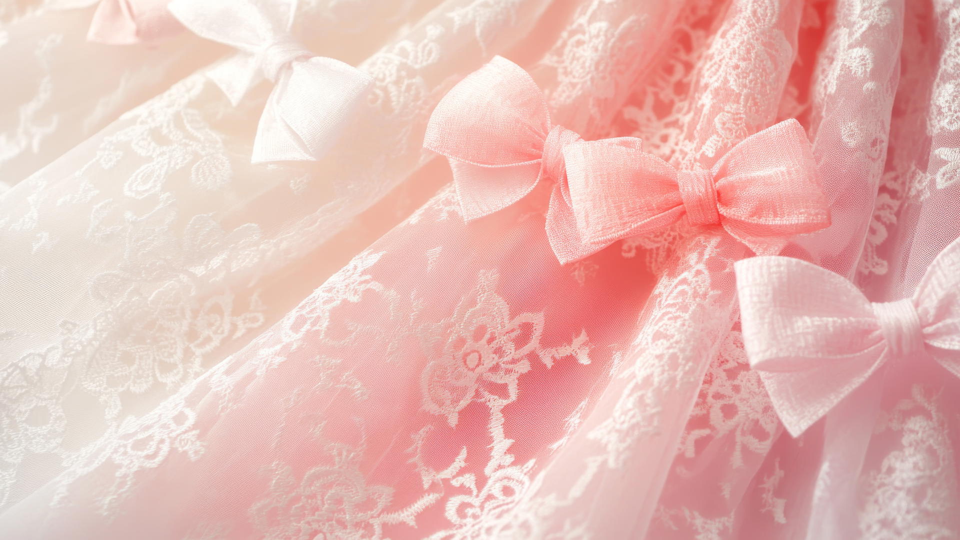 Cute pink wallpaper with pastel ombre, lace patterns, and small bows