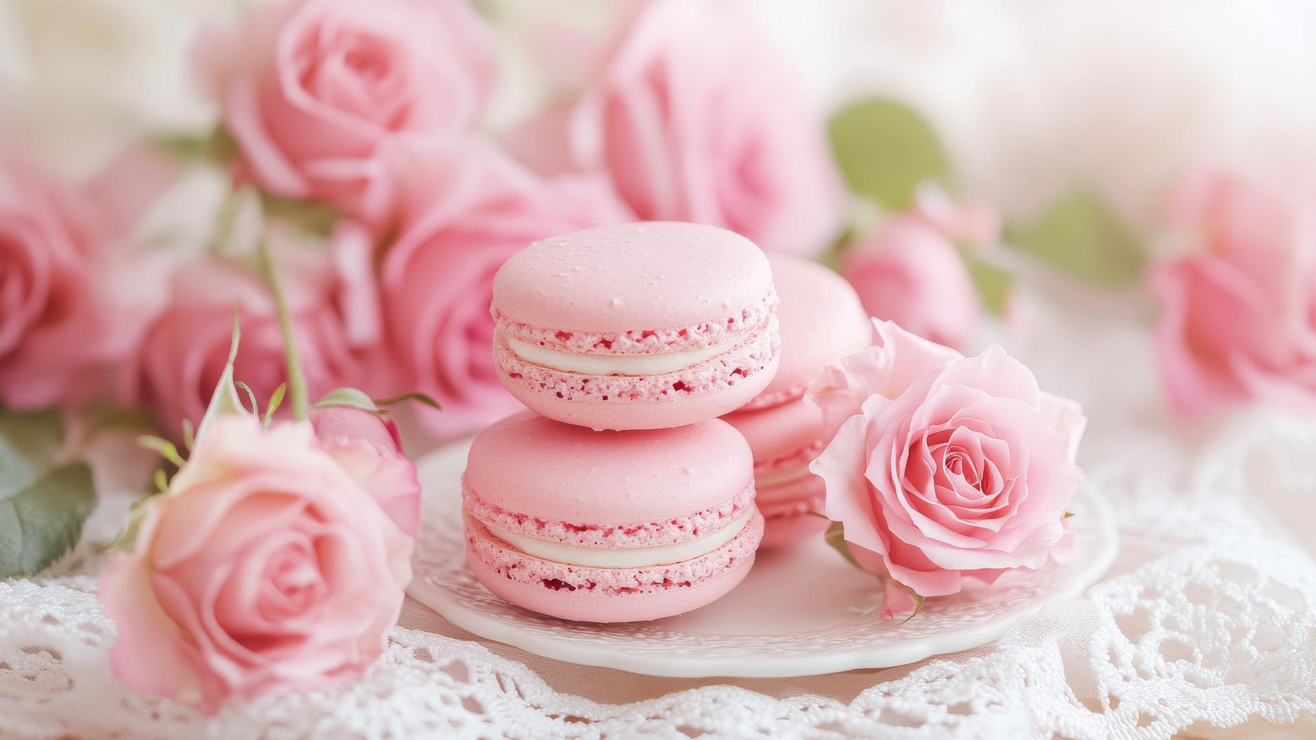 pink wallpaper aesthetic with pink macaroons and roses on white lace tablecloth