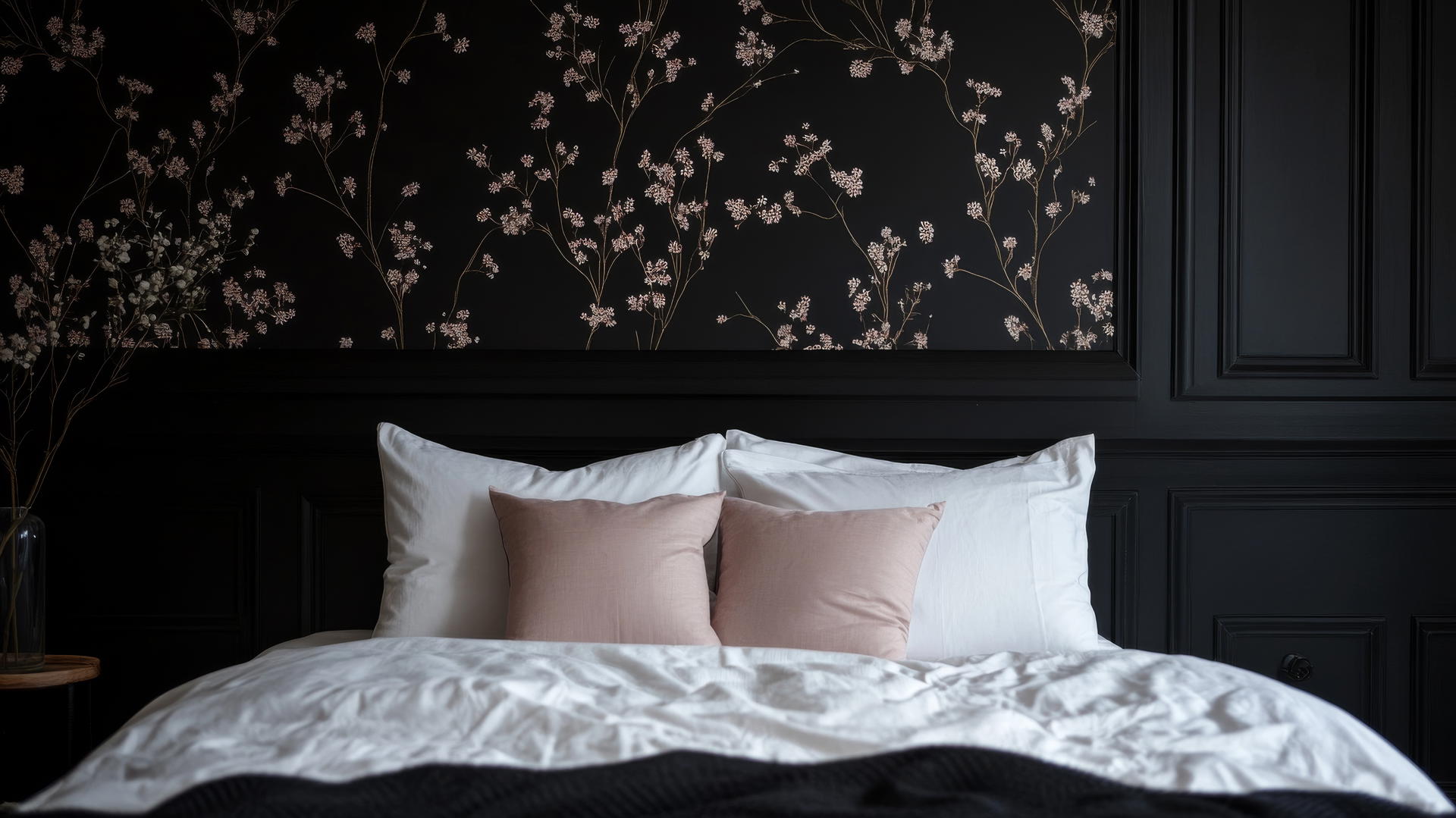sleek black wallpaper for girls with floral patterns and pink accents