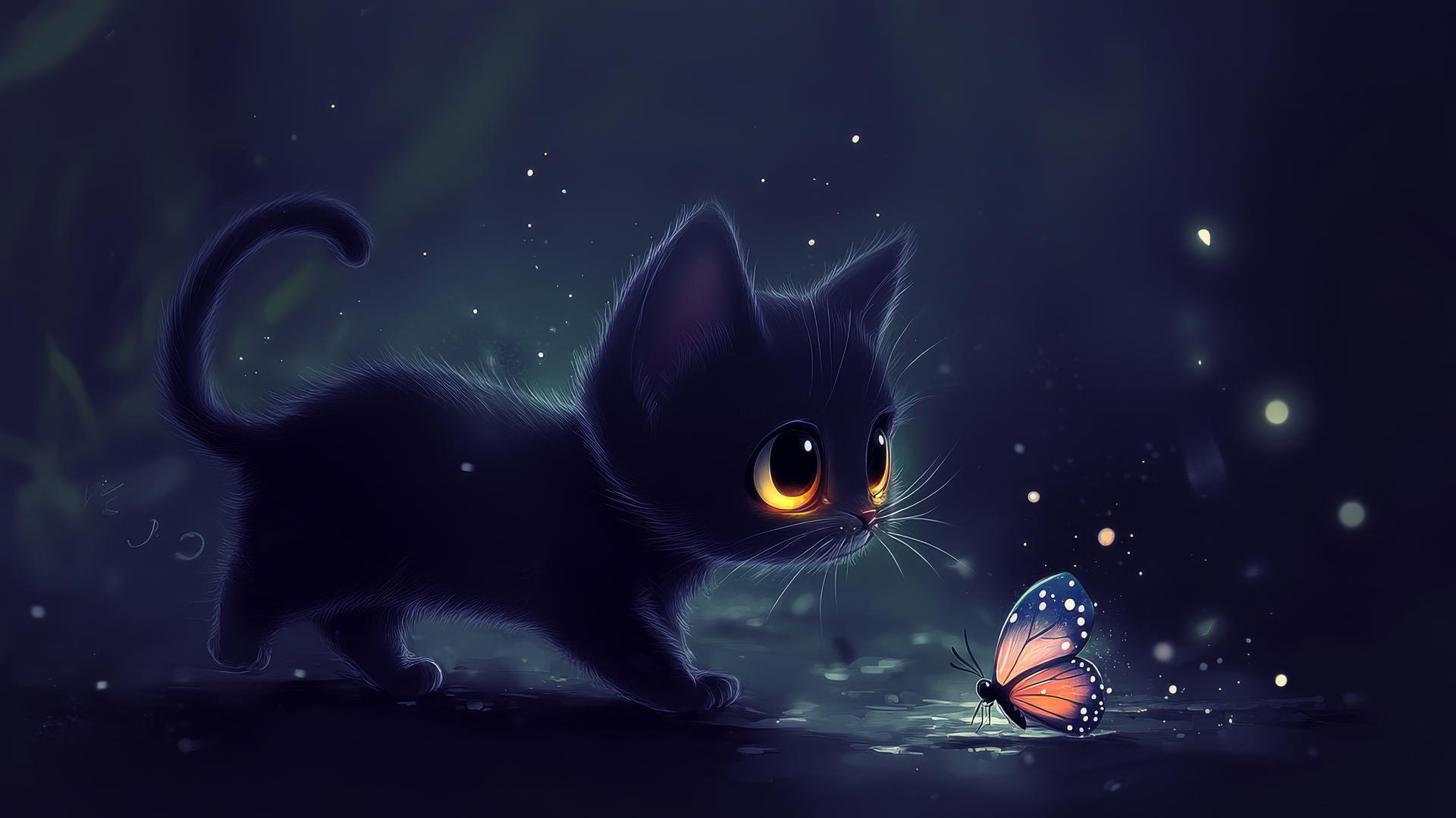 Black cute wallpaper with cartoon kitten and butterfly