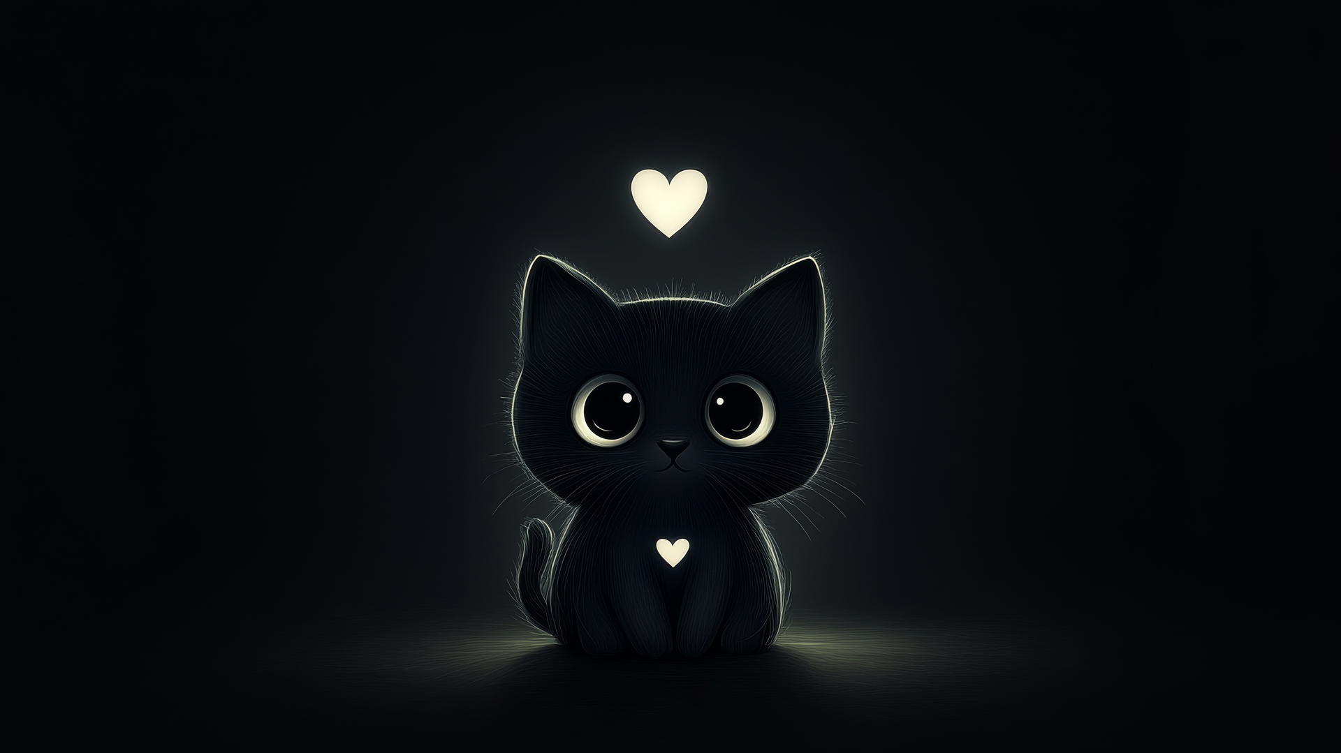cute black wallpaper with an adorable cartoon cat with big round eyes and a small heart above its head