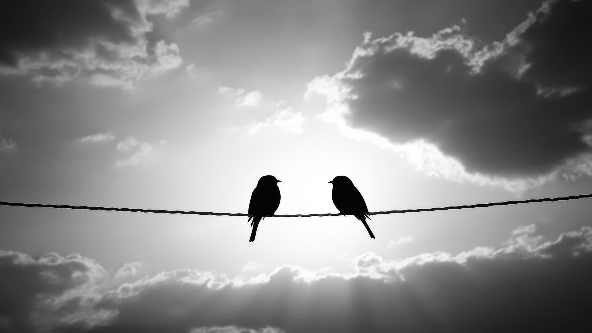black and white aesthetic wallpaper with silhouetted birds on a wire