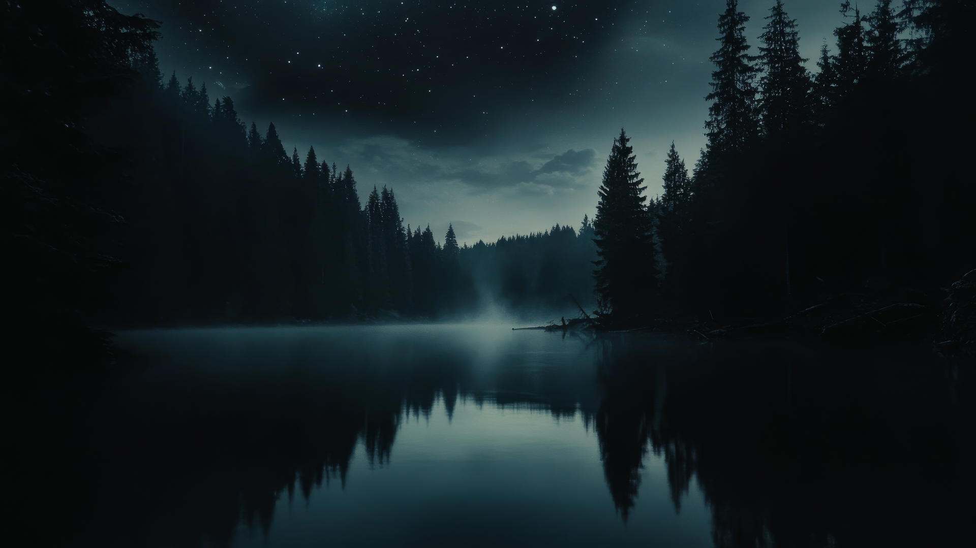 aesthetic black wallpaper of a serene night scene at a calm lake with star reflections