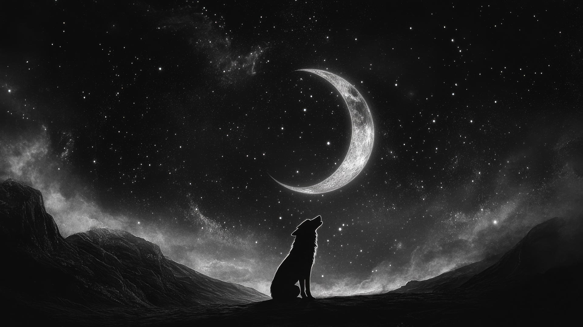 black aesthetic wallpaper with a silhouette of a lone wolf howling at a crescent moon