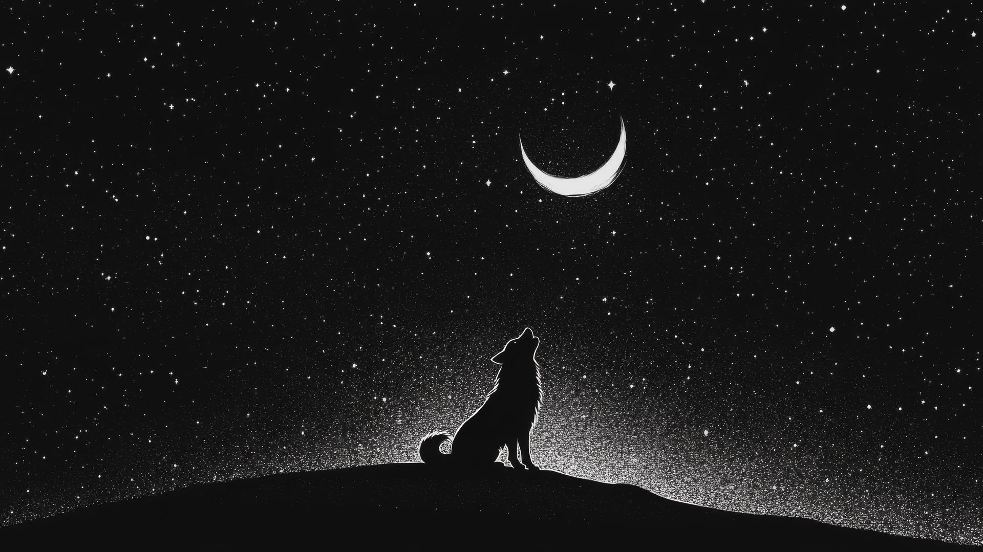 Black aesthetic wallpaper with a lone wolf howling at a crescent moon in a starry sky