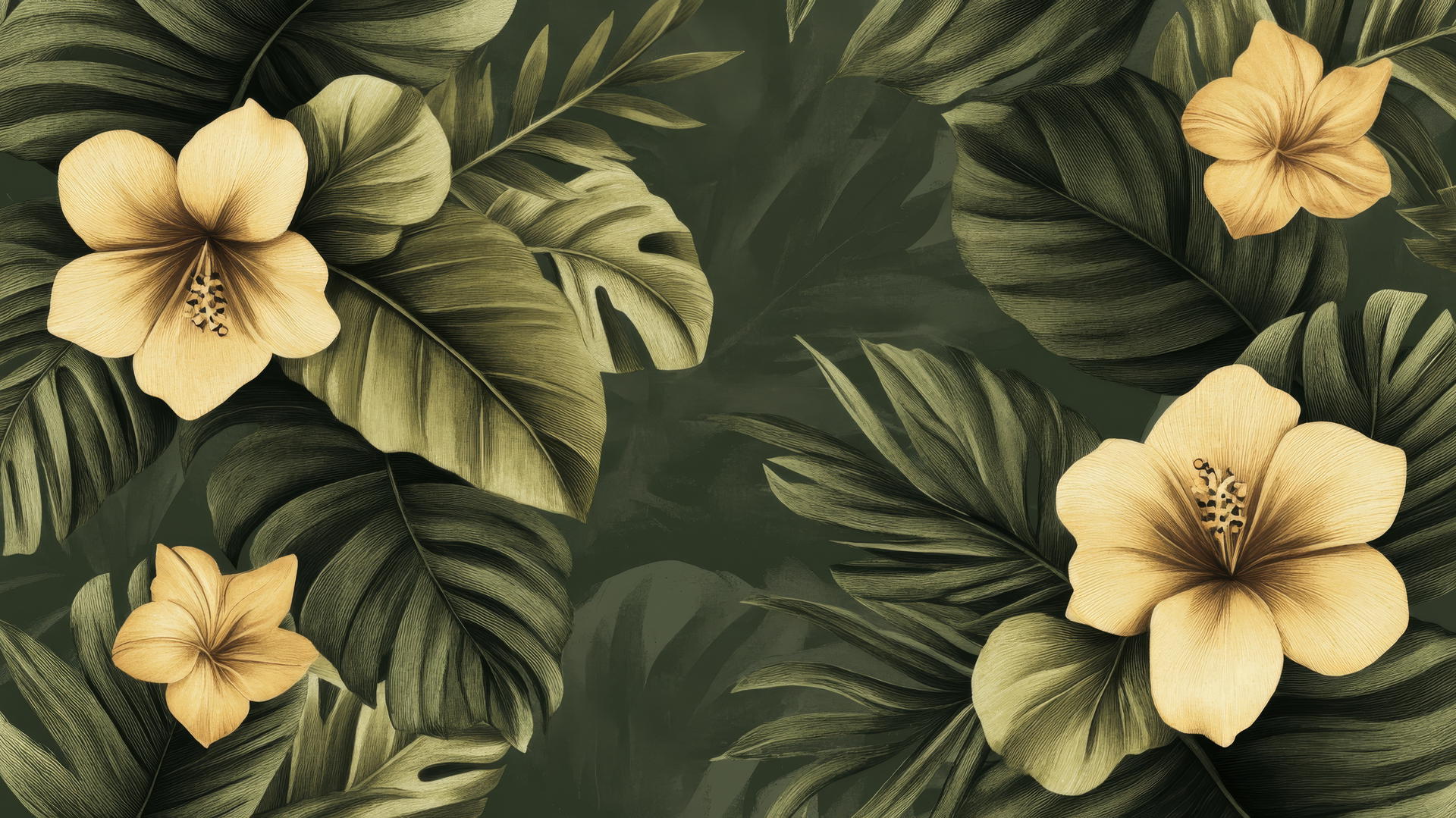 boho-inspired green floral wallpaper with large tropical leaves and exotic flowers