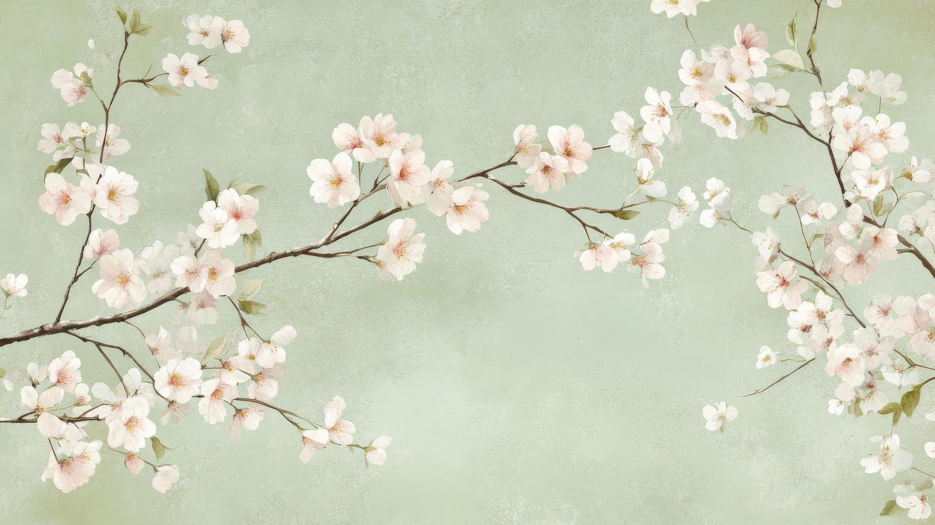 green floral wallpaper with pale pink and white cherry blossoms on light green background